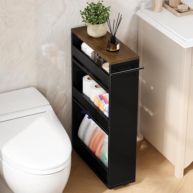 Yoobure Rolling Slim Storage Cart - Narrow Cart on Wheels, Slide Out Utility Carts, Organizer Trolley with Handle & Flip Top for Kitchen, Laundry