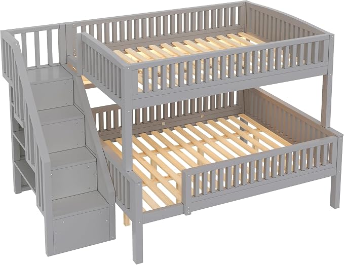 LUMISOL Full XL Over Queen Bunk Bed with Stairs, Solid Wood Bunk Bed Frame with LED Light and Bookshelf, Gray