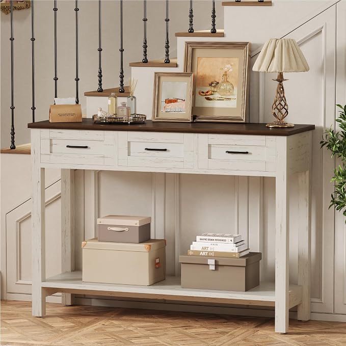 YOSHOOT 45" Farmhouse Entryway Console Table, Desk Behind the Couch with 3 Drawers and 2-Tier Shelves, Narrow Sofa Table for Hallway, Bedroom, Living Room, White Brown