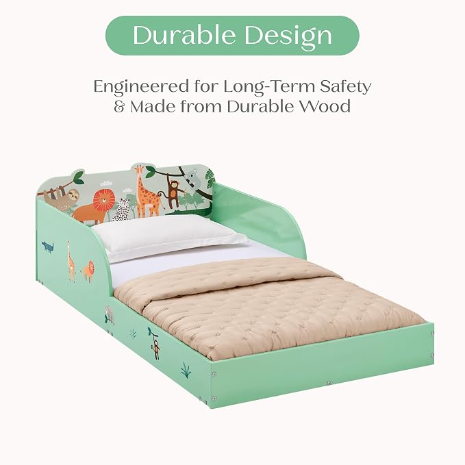Delta Children Safari Wood Floor Toddler Bed with Reusable Stickers, Green