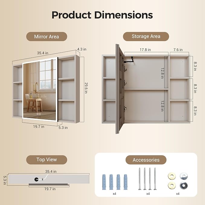 35.4 x 27.5 Inch LED Bathroom Mirror Cabinet with Open Shelves on Both Sides, 3 Color Dimmable Lighted Medicine Cabinet, Plug-in or Hardwired Anti-Fog Aluminum Medicine Cabinet with Hidden Storage