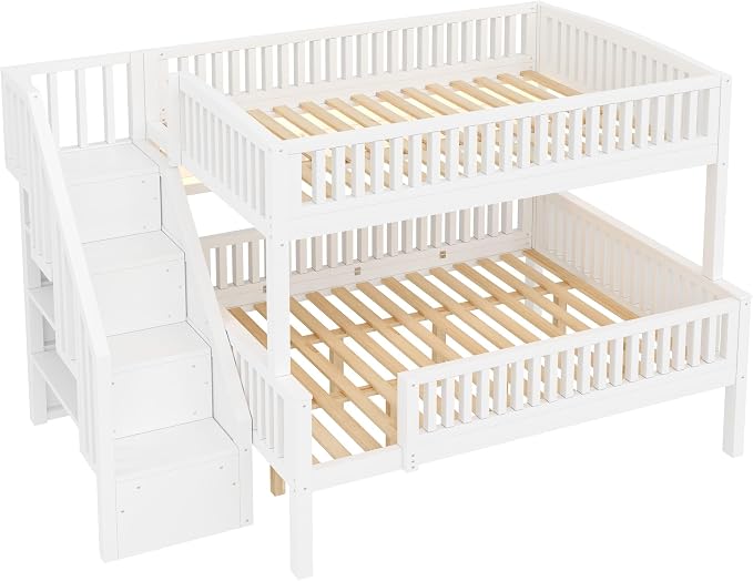 LUMISOL Full XL Over Queen Bunk Bed with Stairs, Solid Wood Bunk Bed Frame with LED Light and Bookshelf, White