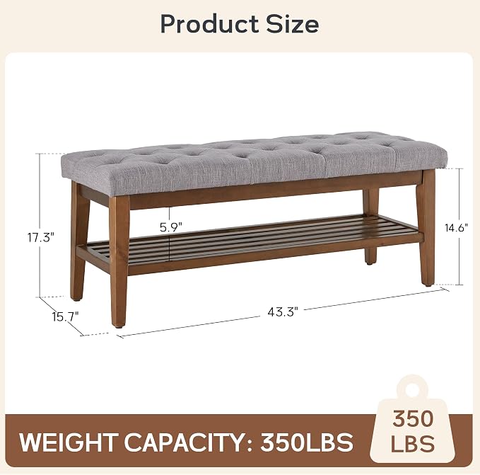 HUIMO Upholstered Entryway Shoe Bench, Button Tufted End of Bed Bench, Grey
