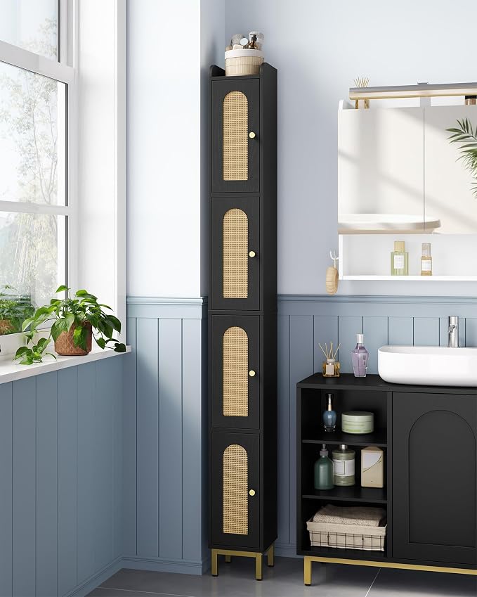Hzuaneri 4-Tier Narrow Tall Storage Cabinet | Slim Bathroom Storage Cabinet with 4 Adjustable Feet and Shelves,for Living Room,Laundry Room,Rattan Black,7.9"Dx7.9"Wx70.9"H