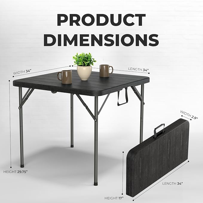 2 PACK of 34" Square Foldable Table with Built in Handle & Steel Legs | Heavy Duty Portable | Perfect for Party, Dining, Wedding, Events, Picnic Indoor, Outdoor, Camping, Utility, Temporary