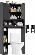 Farmhouse Over The Toilet Storage Cabinet with Barn Door, Reversible Side | 7-Tier Bathroom Organizer, Adjustable Shelves Bottom Bar, Detachable Paper Holder, Anti-Tipping, Laundry Room, Black