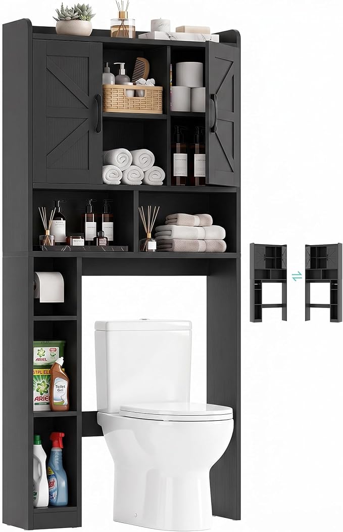 Farmhouse Over The Toilet Storage Cabinet with Barn Door, Reversible Side | 7-Tier Bathroom Organizer, Adjustable Shelves Bottom Bar, Detachable Paper Holder, Anti-Tipping, Laundry Room, Black