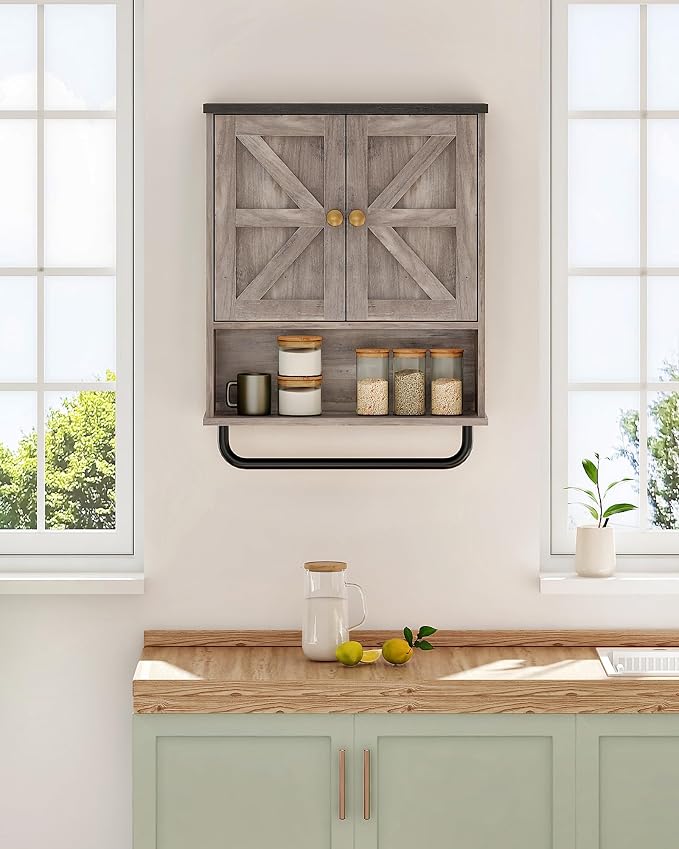 CHOEZON Bathroom Wall Cabinet, Medicine Cabinet with Open Partition and Towel Bar, Rustic Storage Cabinet with Open and Hidden Storage Space, for Bathroom, Living Room, Greige and Charcoal Black