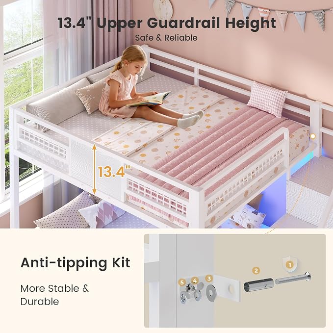 BTHFST Bunk Bed Full Over Full with Stairs, Storage Drawers and LED Lights