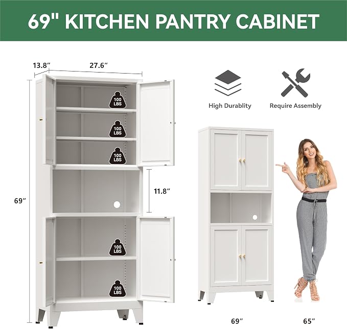 Bevivog 69" Tall Pantry Cabinet, Metal Kitchen Storage Cabinet with 4 Doors and 5 Shelves, Freestanding Metal Pantries Cupboard with Microwave Shelf for Kitchen,Dining Room,Bathroom,Laundry