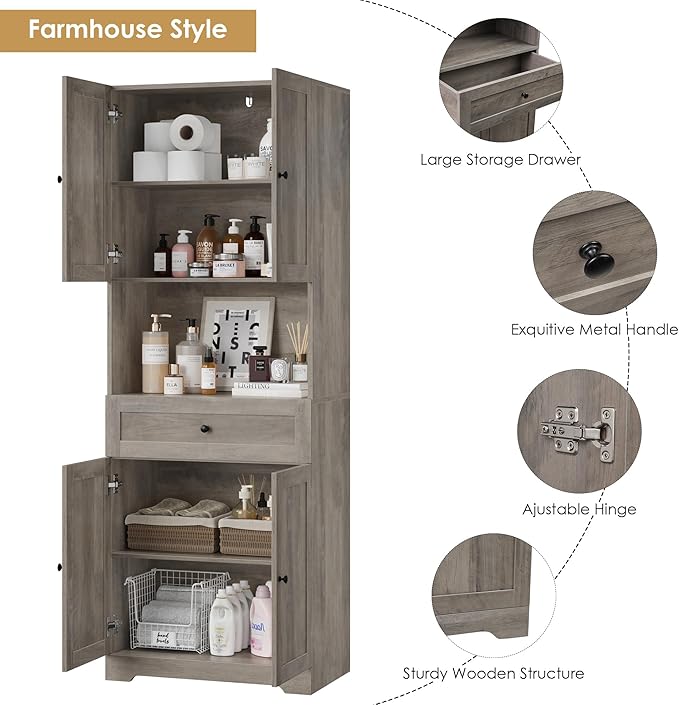 HIFIT Tall Bathroom Storage Cabinet with Drawer, Modern Linen Cabinet,Brown | 67"H Tall Storage Cabinet with Doors & Shelves, Freestanding Kitchen Pantry for Bathroom, Dining Room, Laundry, Narrow Corner