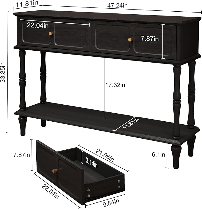 ARTPOWER 47" Mid-Century Console Table, 2 Drawers and Open Shelf, Black