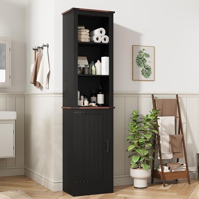 MHOM 71" Tall Bathroom Storage Cabinet. Farmhouse Storage Cabinet with Adjustable Shelves, Narrow Linen Tower Cabinet for Bathroom, Laundry, and, Living Room, Black
