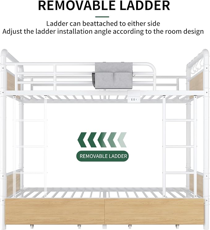 Jocoevol Metal LED Bunk Bed Twin Over Twin with 2 Storage Drawers, USB Charging Station, Industrial Bunkbeds Heavy Duty Bed with Safety Guardrail and Ladder, No Box Spring Needed, White