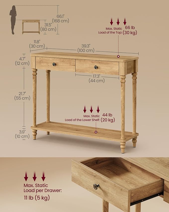 VASAGLE 39.3"Console Table, Narrow Entryway Sofa Table with Solid Wood Legs