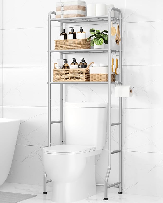 Kitsure Over Toilet Storage Rack, 63.2" H Space-Saving, Holder & Hooks | Bathroom, Laundry Room, Small Spaces, Families, Durable Metal, Silver, 3 Tier