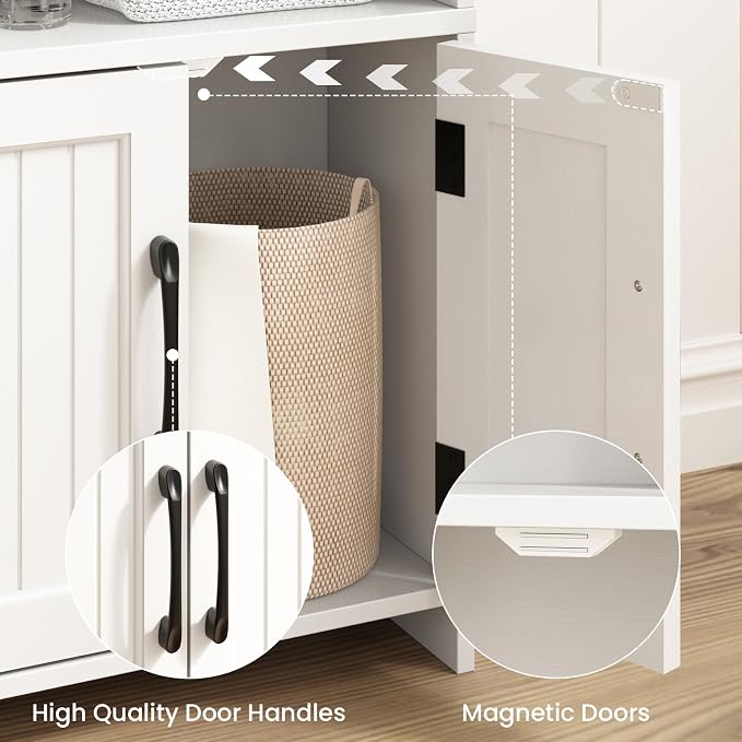 Small Bathroom Storage Cabinet with 2 Doors & Shelf, Line White | Narrow Storage Organizer, Toilet Paper Floor Cabinets Freestanding, for Small Spaces, Laundry Room, 7.8" D x 14.6" W x 31" H