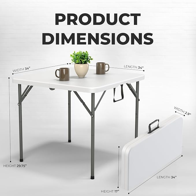 2 PACK of 34" Square Foldable Table with Built in Handle & Steel Legs | Heavy Duty Portable | Perfect for Party, Dining, Wedding, Events, Picnic Indoor, Outdoor, Camping, Utility, Temporary