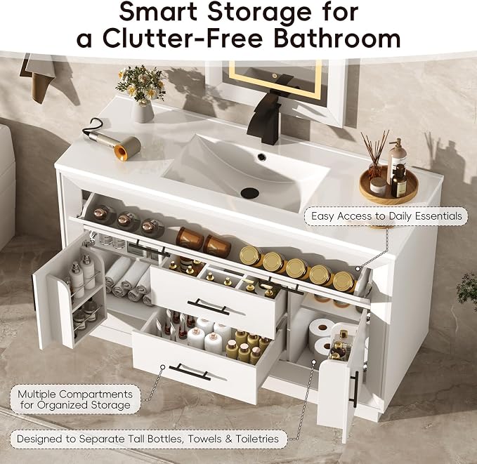 St.Mandyu 48" Bathroom Vanity w/Sink & LED Mirror & Faucet,Modern Bathroom Vanities Set w/ 3-Color Lighting, Curved Splash-Reducing Basin, Bath Vanity w/Large Storage Cabinet&Drawers,White