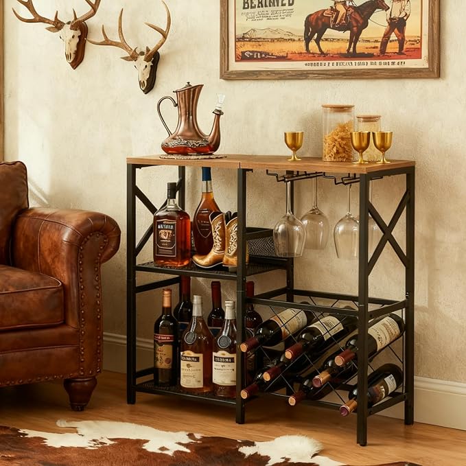 MNEETRUNG Wine Bar Cart, Rustic Freestanding Wine Rack with Glass Holder and Fence, Bar Cabinet with 2 Tier Storage, Liquor Shelf for Home Bar, Rustic Brown