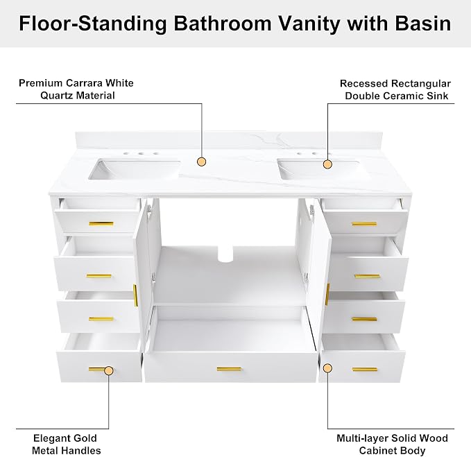 Montary 60" Bathroom Vanity with 2 Sinks & 61" Carrara Quartz Top | with 6 Pre-Drilled Faucet Holes, Solid Wood Cabinet, Soft-Close Double Doors & 9 Smooth-Glide Drawers,White