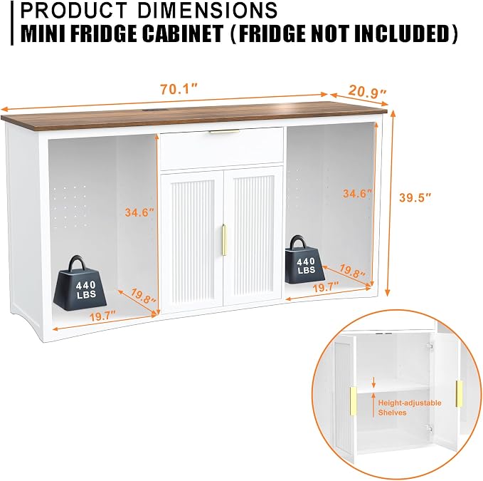 GDLF 70.1" Coffee Bar Cabinet with Fridge Space, Fluted Sideboard,White
