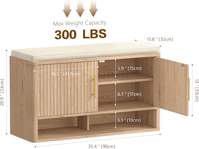 Fluted Shoe Storage Bench, Entryway Bench with Adjustable Shelves