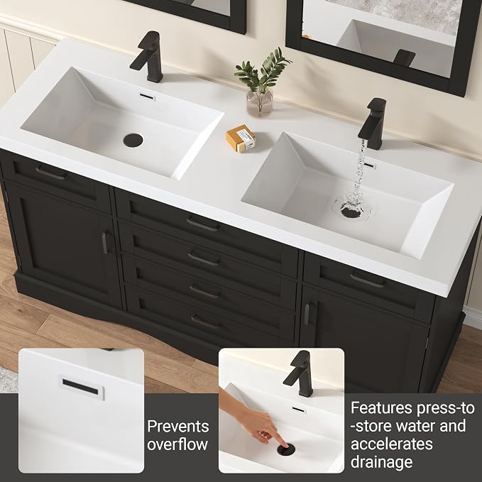 59" Bathroom Vanities Cabinet with Double Sink Combo,Modern Undermount Vanity Sink Cabinet with 2 Storage Doors and 3 Drawers,High Freestanding Bathroom Storage Cabinet with 3 Flip-top Drawers(Black)