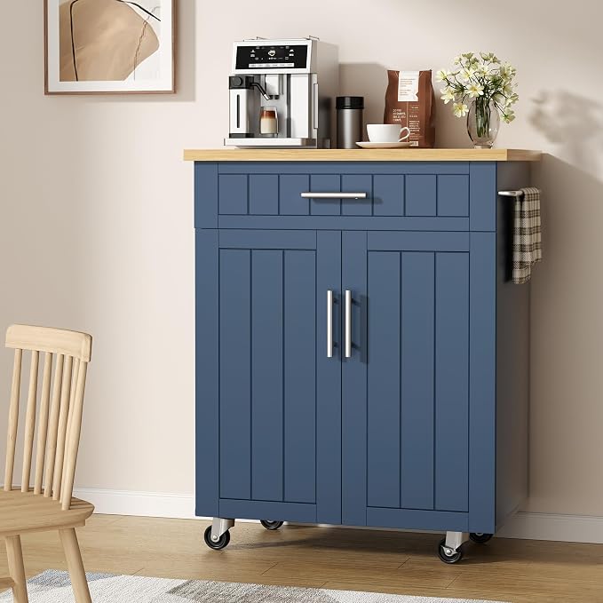 Shintenchi Kitchen Island cart with Storage, Portable Bar Cabinet on Wheels, Rolling Microwave Cart Side Table with Workstation for Kitchen, Dinning Room, Blue