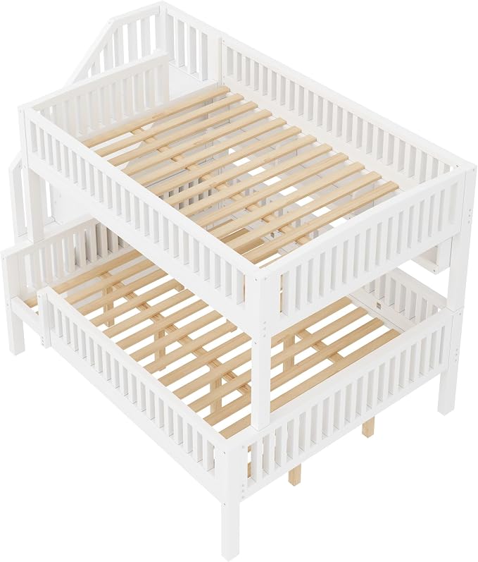 LUMISOL Full XL Over Queen Bunk Bed with Stairs, Solid Wood Bunk Bed Frame with LED Light and Bookshelf, White