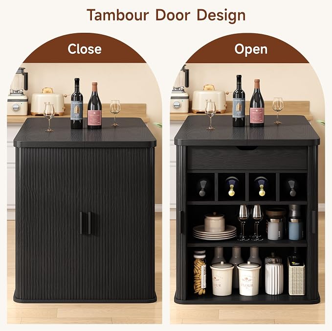 ONBRILL 61 Inch Fluted Kitchen Island with Storage Black