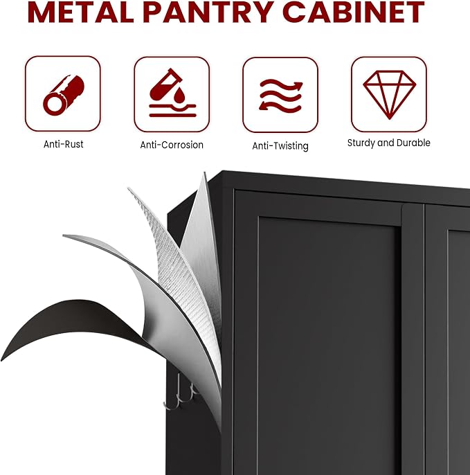 AQY Metal Pantry Cabinet, 72" Black Kitchen Storage Cabinet with Doors | 5 Adjustable Shelves Freestanding Storage Metal Cabinet Kitchen & Living Room Organization