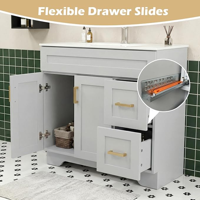36 Inch Bathroom Vanity with Sink, Modern Wood Shaker Bathroom Vanity Cabinet with 2 Soft-Close Doors & 2 Drawers, Freestanding Bathroom Sink Storage Cabinet, Waterproof Painted Surface, Grey