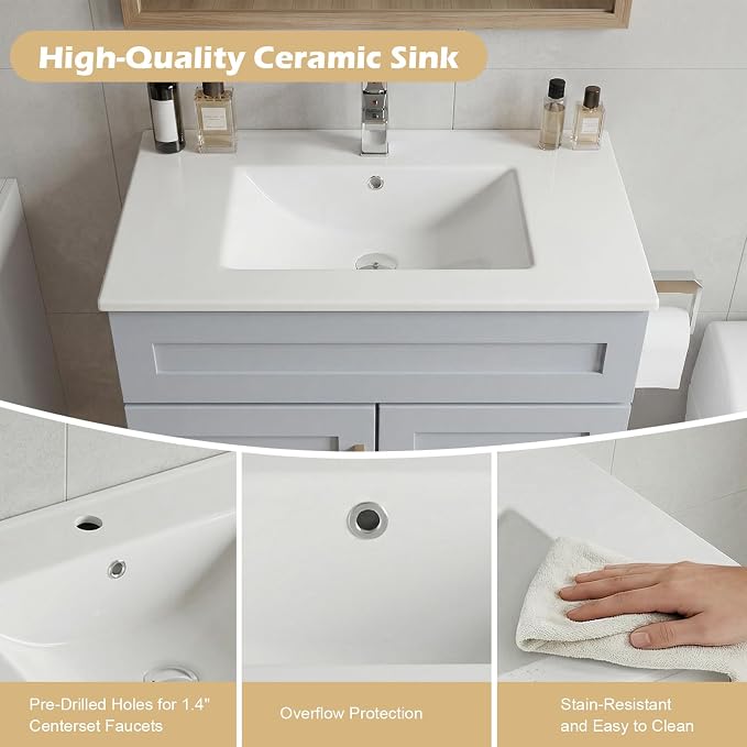 30 Inch Bathroom Vanity with Sink, Modern Shaker Bathroom Sink Cabinet with Soft-Close Door & 2 Drawers, Wood Freestanding Bathroom Storage Cabinet with Ceramic Basin, Grey