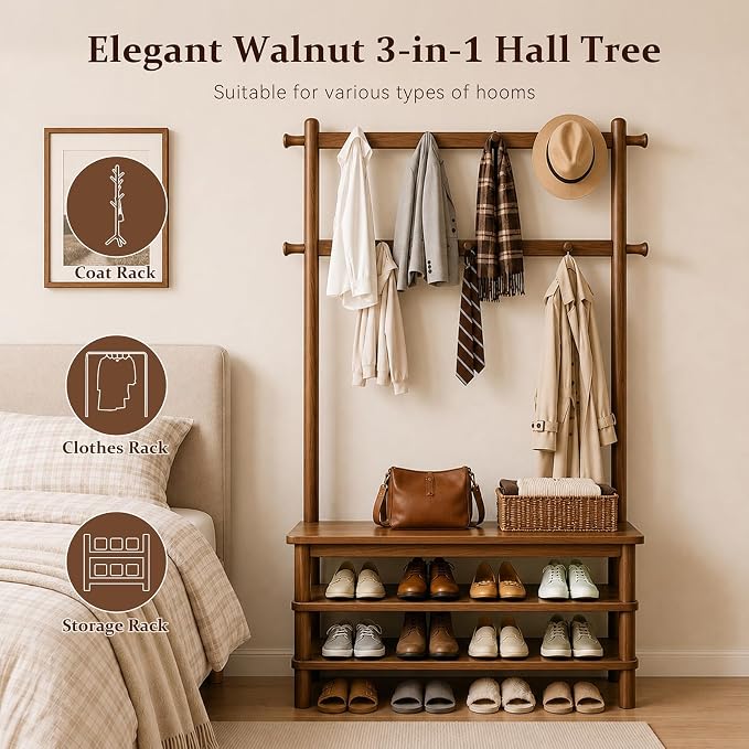Solid Wood Hall Tree with Bench, Shoe Rack & 11 Hooks 35.0''