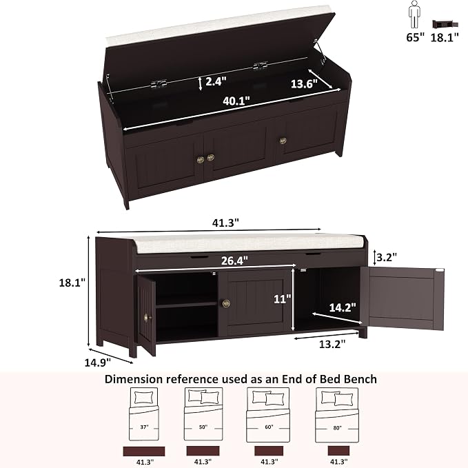 HOMEFORT 41.3" Shoe Bench with Lift Top Storage, Entryway Bench with Cushioned Seat, Wooden End of Bed Bench, Shoe Cabinet Bench with Hidden Storage Space, for Bedroom, Hallway,Espresso