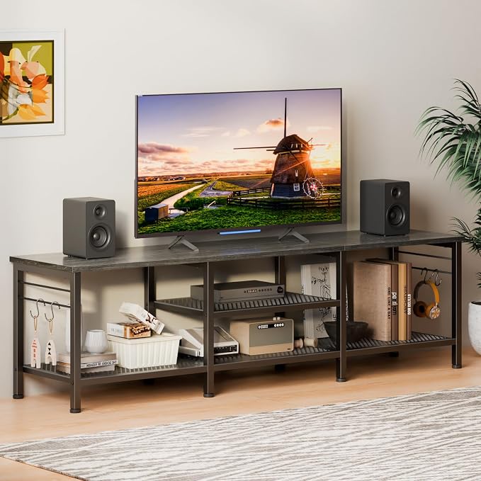 Furologee 63 Inch TV Stand, Entertainment Center with Shelves, Black Oak