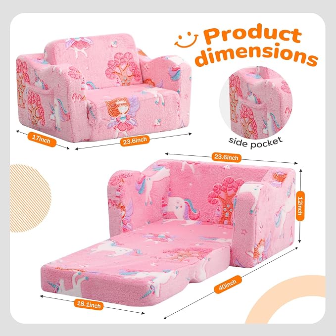 MeMoreCool Kids Chair, Glow Dark Pink Fairy Fold Out Sofa Seat for Girls