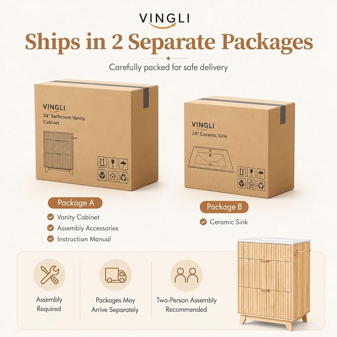 VINGLI 24 Inch Bathroom Vanity with Sink, Modern Fluted Bathroom Vanity Cabinet with Drawers, Freestanding Oak Bathroom Sink Cabinet, Ceramic Basin, Side Toilet Paper Holder, Oak