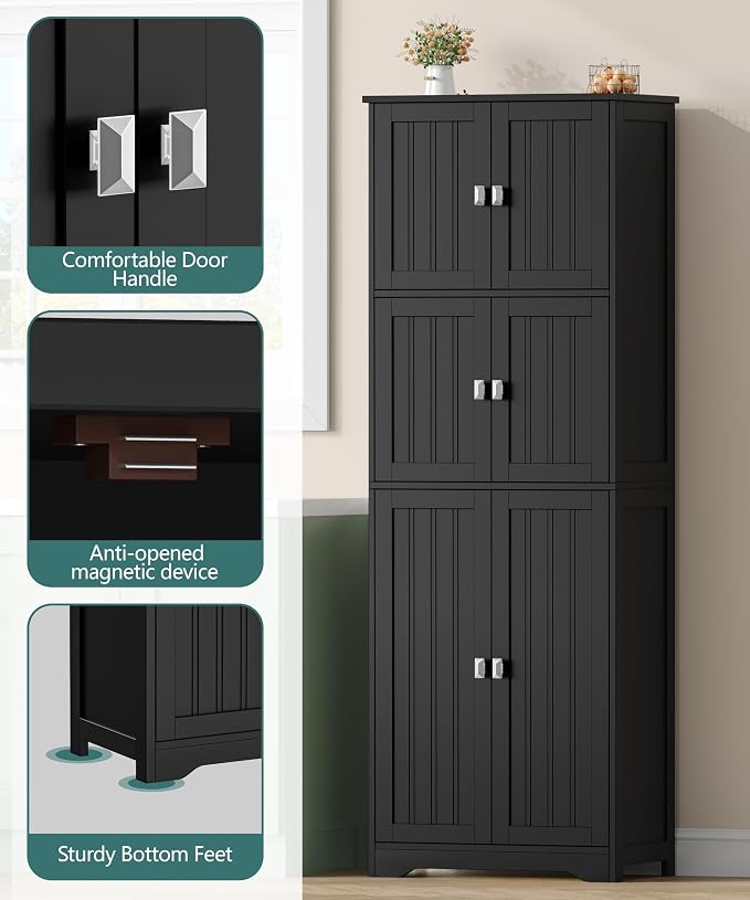 Tall Bathroom Storage Cabinet, 63" H Linen Floor Cabinet | Pantry Storage Cabinet with 6 Doors and Adjustable Shelves, for Bathroom, Living Room, Laundry Room, Kitchen, Black