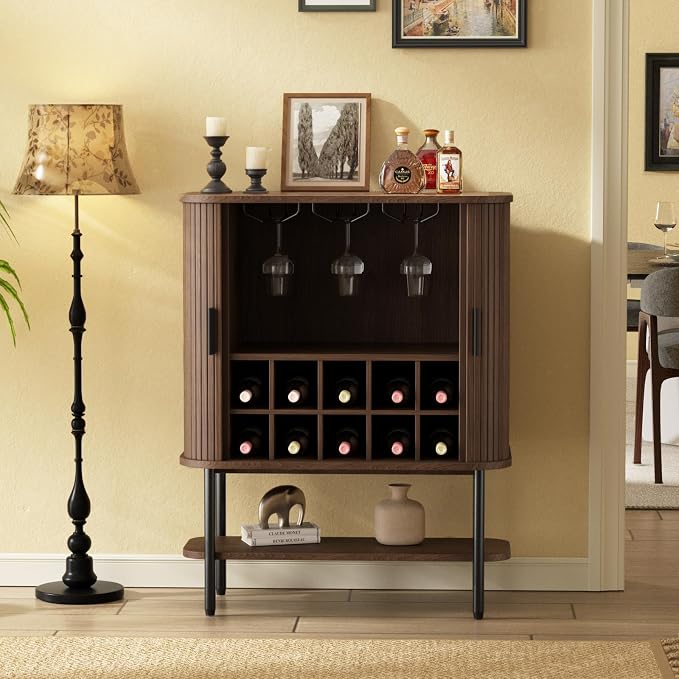 Coffee Bar Cabinet with Storage, Fluted Wine Cabinet with Sliding Doors