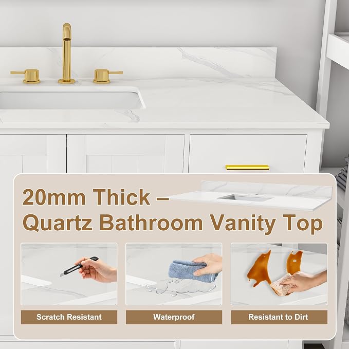 Montary 48" Bathroom Vanity with Sink & 49" Carrara Quartz Top | with 3 Pre-Drilled Faucet Holes, Solid Wood Cabinet, Soft-Close Double Doors & 9 Smooth-Glide Drawers,White