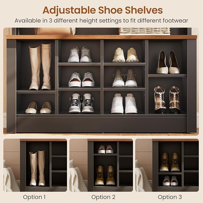 Itaar Hall Tree with Bench and Shoe Storage, 3-in-1 Entryway Bench with Coat Rack, Hall Tree with Adjustable Shoe Storage and Hanging Hooks, White and Brown (Black)