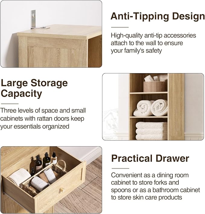 Tall Narrow Rattan Bathroom Storage Cabinet with Doors and Drawers, Natural | Freestanding Skinny Tower Linen Cabinet, Rattan Door, Rattan Drawer, Adjustable Shelves, Open Storage, for Kitchen, Bathroom