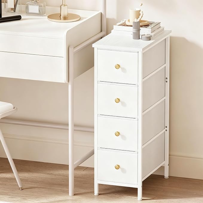 Fixwal Narrow Storage Cabinet, Slim Dresser with 4 Fabric Drawers, White | 9.5in width, sturdy & stable structure, solid steel frame, wooden top, suitable for bedroom, bathroom & laundry room