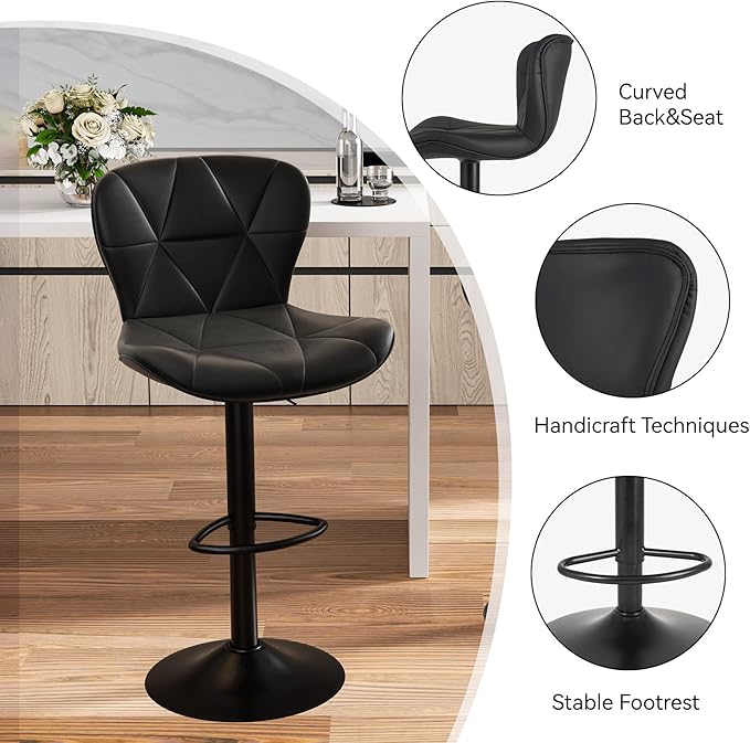 Nalupatio Modern Bar Stools Set of 4, Adjustable Faux Leather Upholstered Swivel Bar Stools, Counter Height Bar Chairs with Back for Kitchen Island, Black