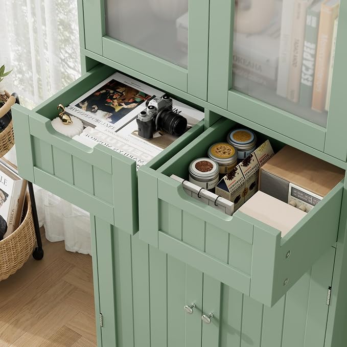 HORSTORS 67" H Bathroom Storage Cabinet, Green Linen Cabinet with Drawers | Freestanding Bathroom Cabinet with Glass Door & Shelf, Modern Tall Storage Cabinet for Bathroom, Living Dining Room, Kitchen