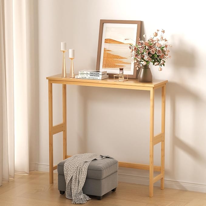 VASMIA Console Table, Small Entryway Table, Narrow Bamboo Sofa Table, for Entryway, Living Room, Foyer, Natural