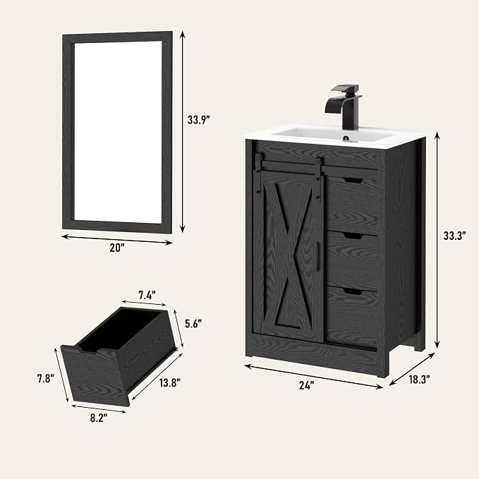 24" Farmhouse Bathroom Vanity with Sink & Faucet & Mirror, Wood Grain Black | Sliding Barn Door, 3 Handleless Drawers, Single Vanity Combo for Small Space