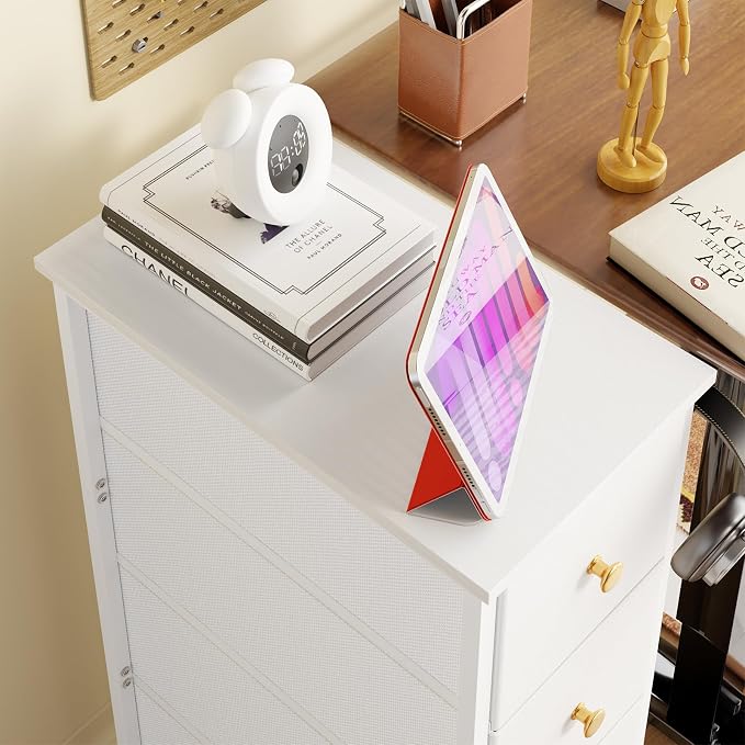 Fixwal Narrow Storage Cabinet, Slim Dresser with 4 Fabric Drawers, White | 9.5in width, sturdy & stable structure, solid steel frame, wooden top, suitable for bedroom, bathroom & laundry room